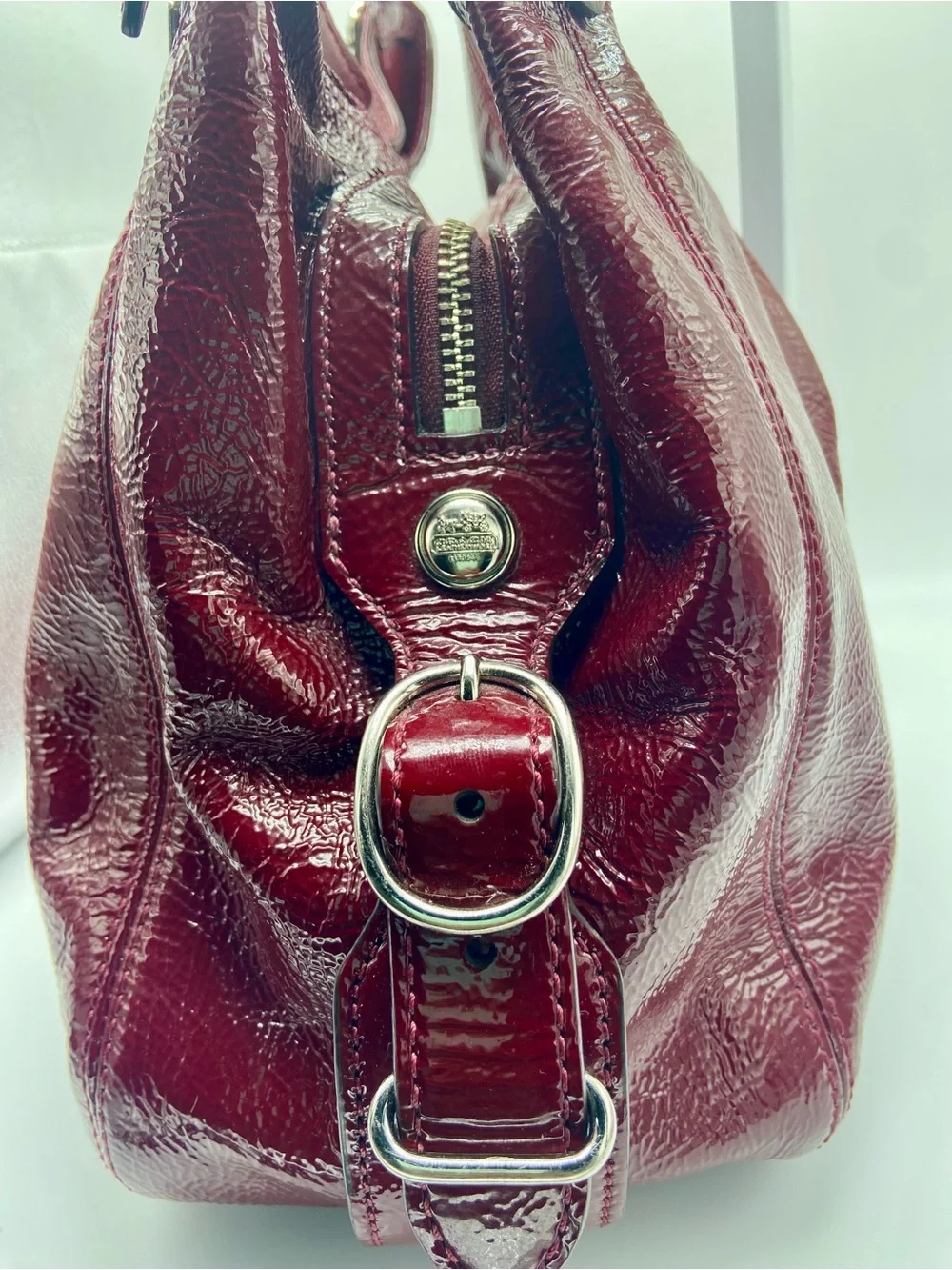 Coach Mia 15734 Burgundy Red Patent Leather Shoulder Bag Hobo Silver Hardware